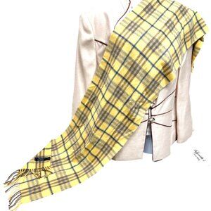 Burberry Of London Scarf 100% Cashmere Yellow blue gray  Plaid Check 58"x12"(12